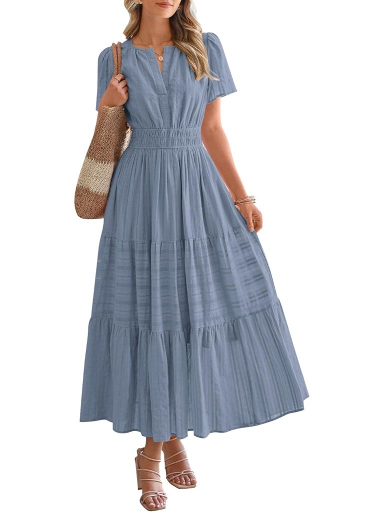 Women's Blue Grey Maxi Dress Lightweight Short Sleeve V Neck Elastic Waist